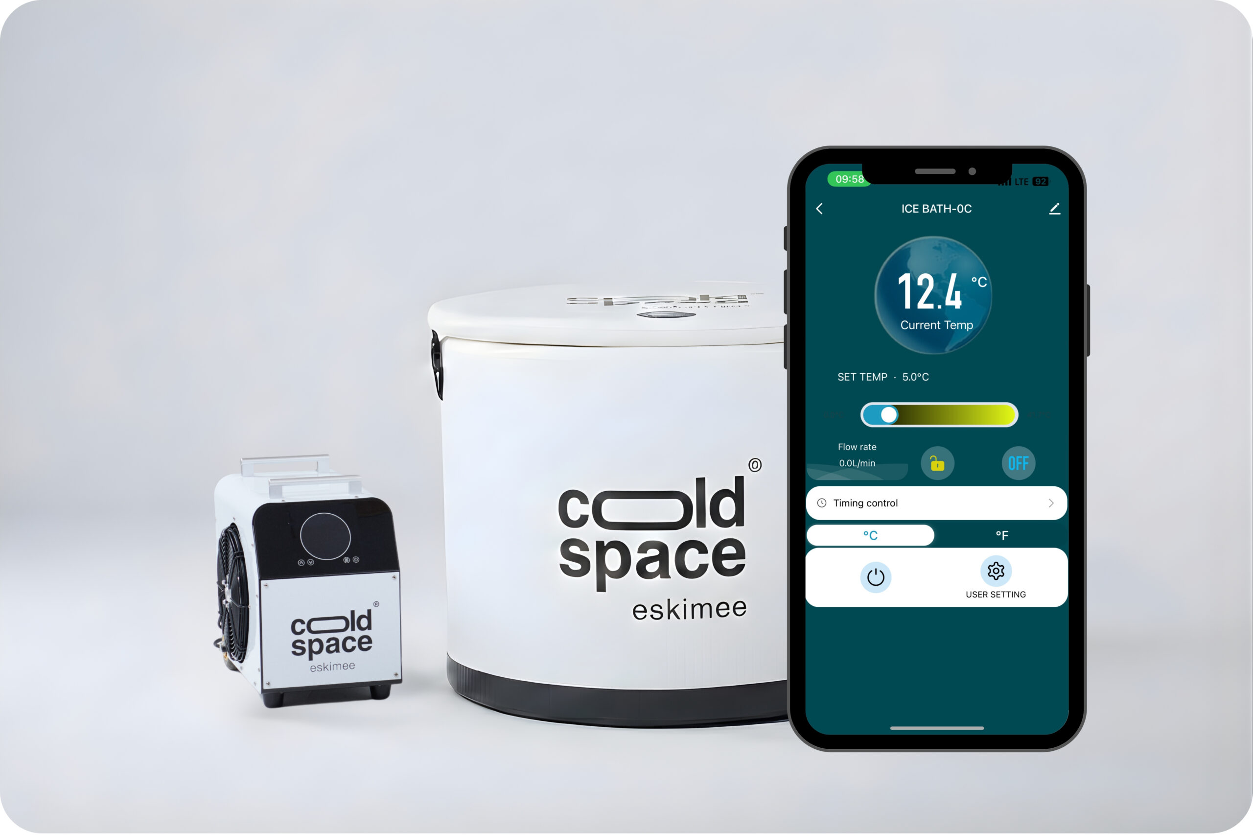 beczka do zimnych kąpieli z agregatem Cold Space eskimee one z chillerem eskimee, sterowanie z aplikacji mobilnej
